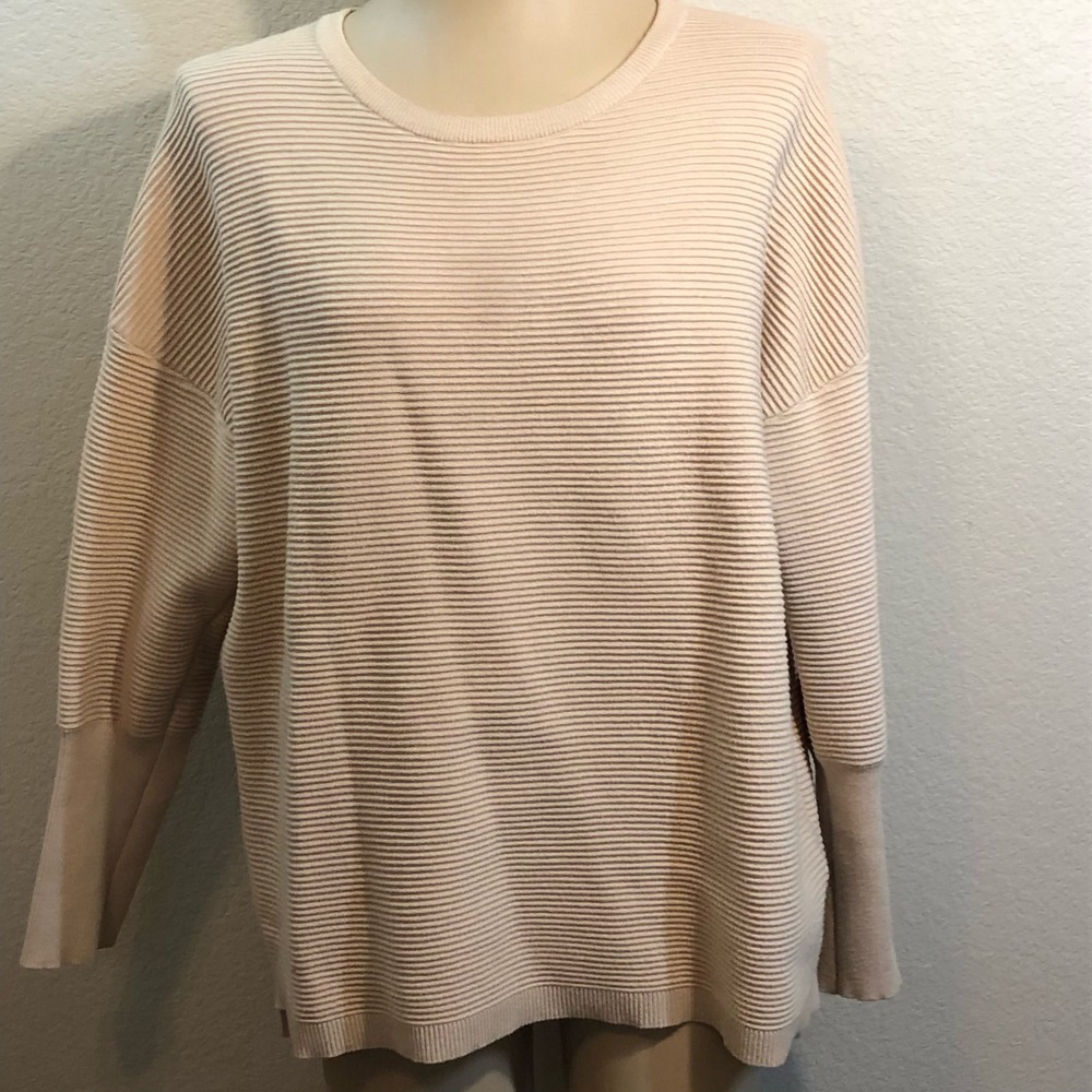 Fashion Womens XL Beige Ribbed Knit Drop Shoulder Crew Neck Sweater Relaxed Fit